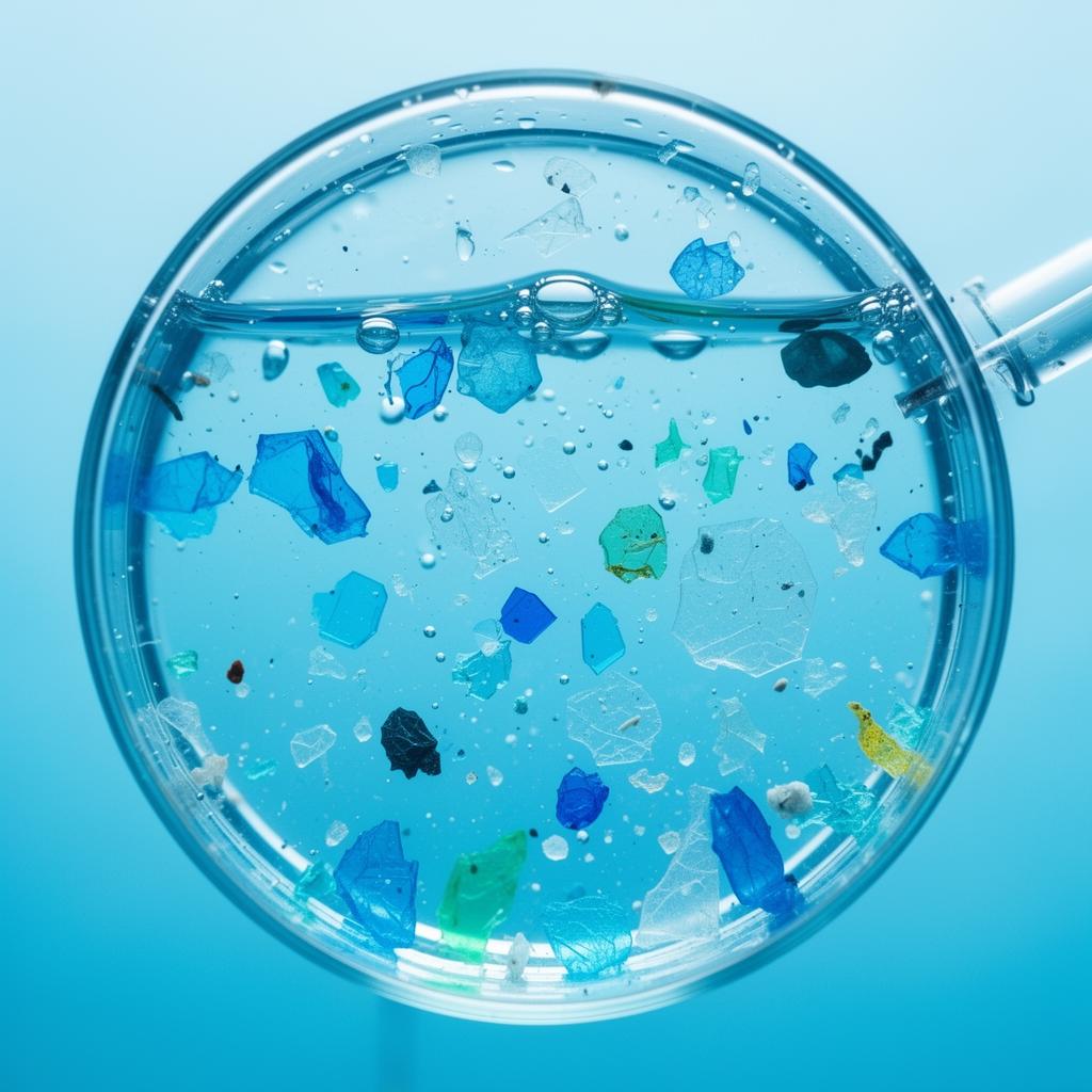 Microscopic view of microplastic particles in water sample